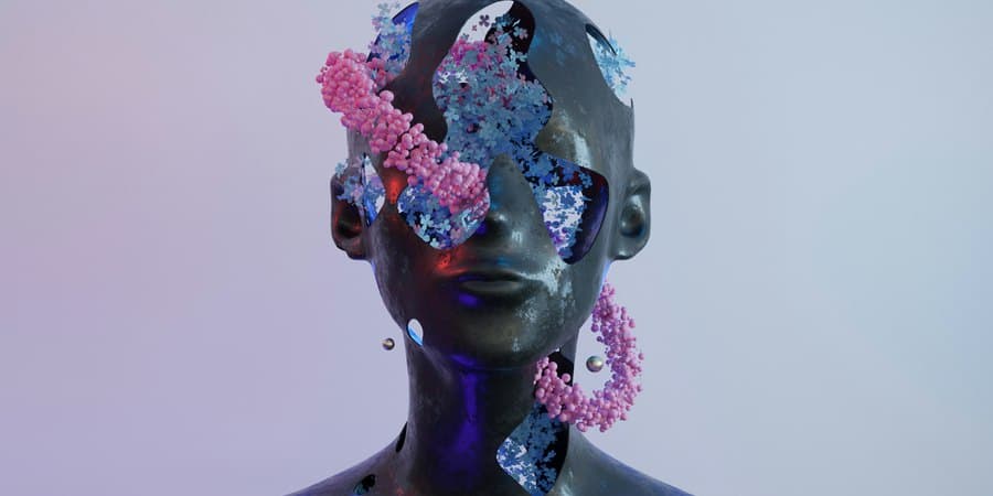Digital 3D artwork of a bust with flowers